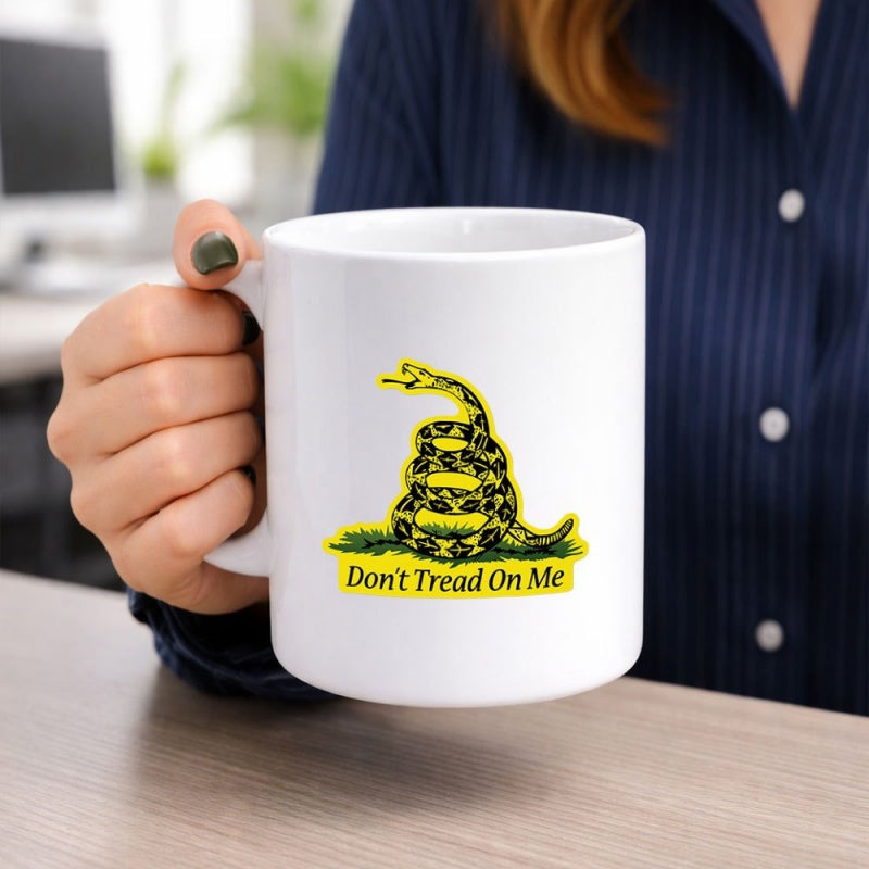 Tailorly White Ceramic 11 oz Mug - Don't Tread On Me Coiled Rattlesnake Ready To Strike Among Green Grass Patches Snake