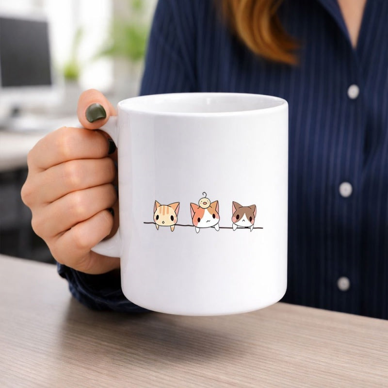Tailorly White Ceramic 11 oz Mug - Three Adorable Kittens Peering Over A Minimalist Horizontal Line Kitten