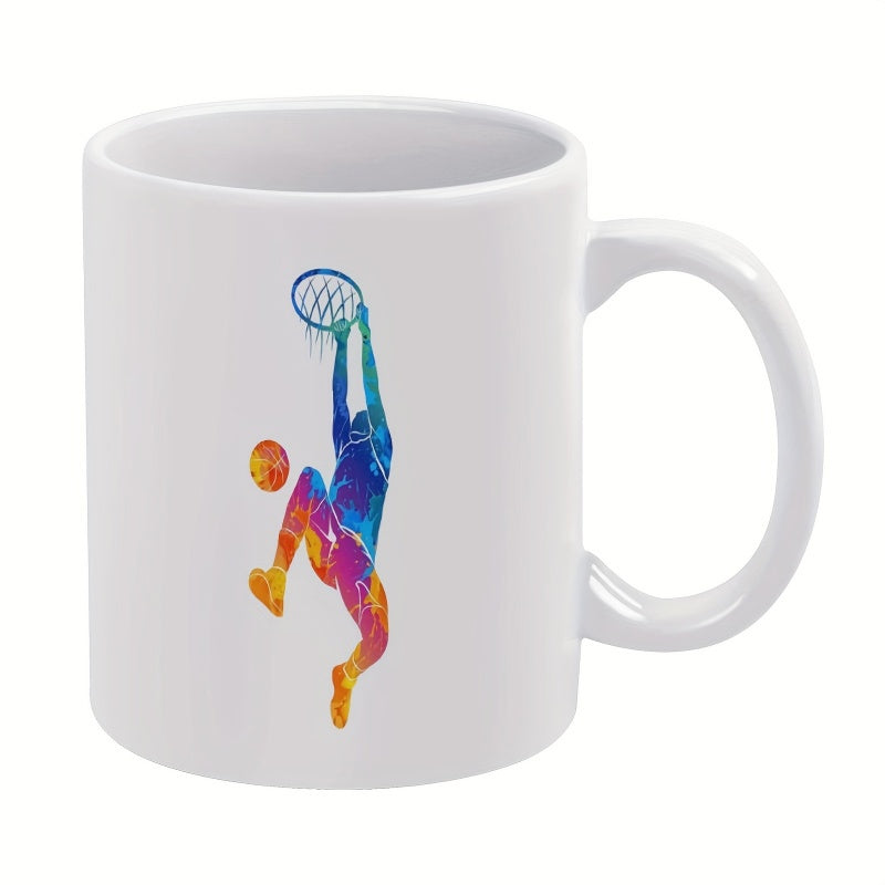 Tailorly White Ceramic 11 oz Mug - Dynamic Colorful Watercolor Splash Silhouette Performing A Powerful Slam Dunk Player