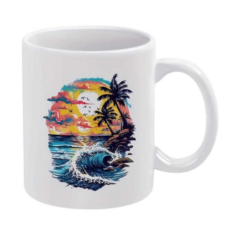 Tailorly White Ceramic 11 oz Mug - Vibrant Tropical Sunset Over Rolling Ocean Waves With Silhouetted Palm Trees Coastline