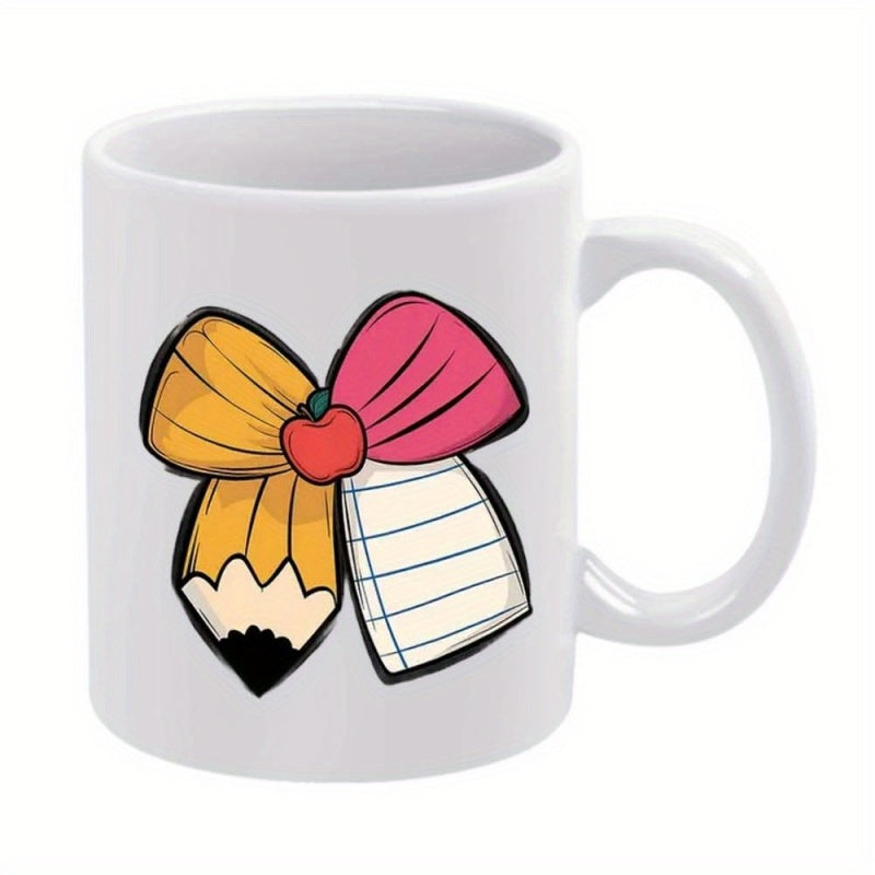 Tailorly White Ceramic 11 oz Mug - Hand Drawn School Theme With Pencil And Lined Notebook Paper Apple Bow