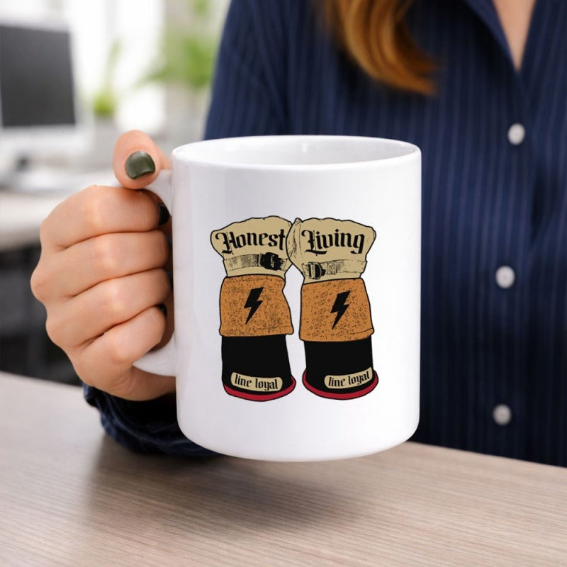 Tailorly White Ceramic 11 oz Mug - Honest Living Stay Loyal Vintage Retro Decorative Combat Gear Featuring Sharp Lightning Bolts Gloves