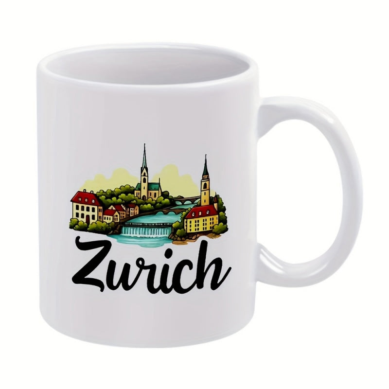 Tailorly White Ceramic 11 oz Mug - Zurich Vintage Style Illustration Showing European Architecture And Flowing River Mug