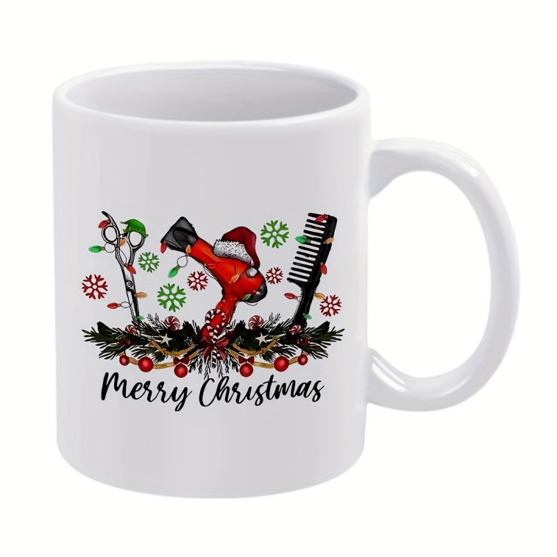 Tailorly White Ceramic 11 oz Mug - Merry Christmas Professional Hairdressing Tools Surrounded By Festive Holiday Greenery And Berries Set