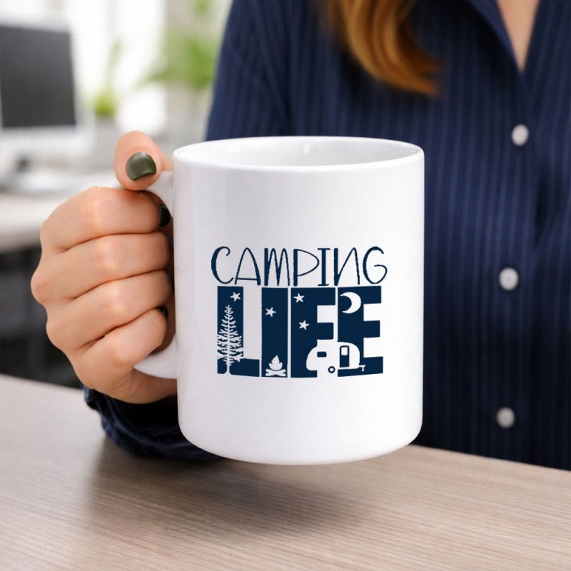 Tailorly White Ceramic 11 oz Mug - Camping Life Rustic Outdoor Scene With Pine Trees Stars And A Vintage Camper Mug
