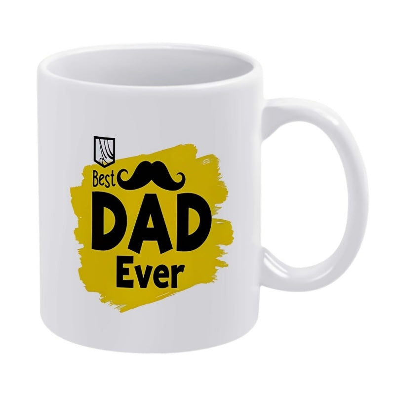 Tailorly White Ceramic 11 oz Mug - Best Dad Ever Vibrant Yellow Paint Splatter Background Featuring Bold Black Mustache
