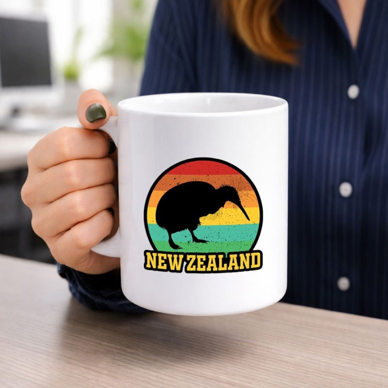 Tailorly White Ceramic 11 oz Mug - New Zealand Vintage Sunset Circle With A Standing Black Silhouette Of A Kiwi