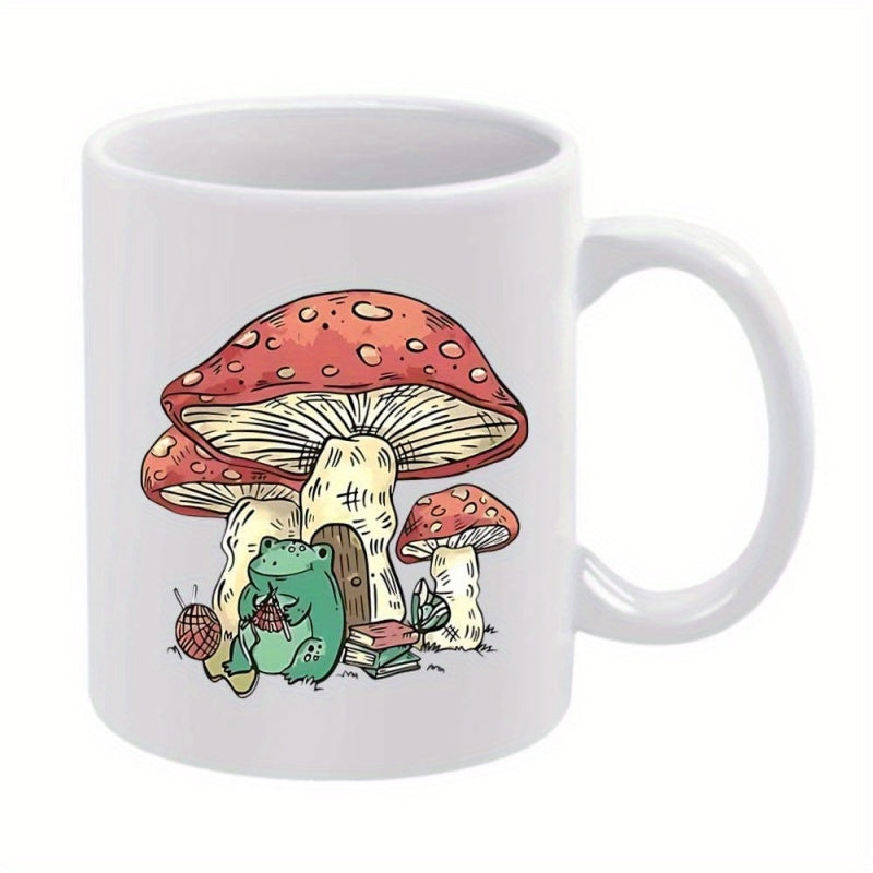 Tailorly White Ceramic 11 oz Mug - Whimsical Green Character Sitting Beside Large Red Spotted Mushroom Frog
