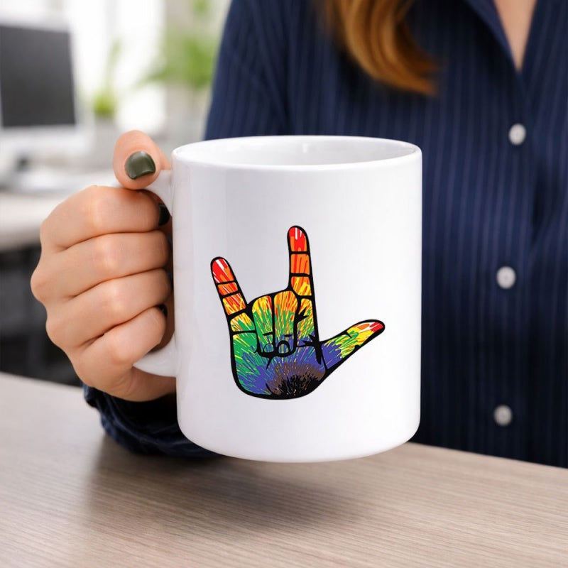 Tailorly White Ceramic 11 oz Mug - Vibrant Colorful Tie Dye Patterned Artistic American Sign Language Gesture Hand