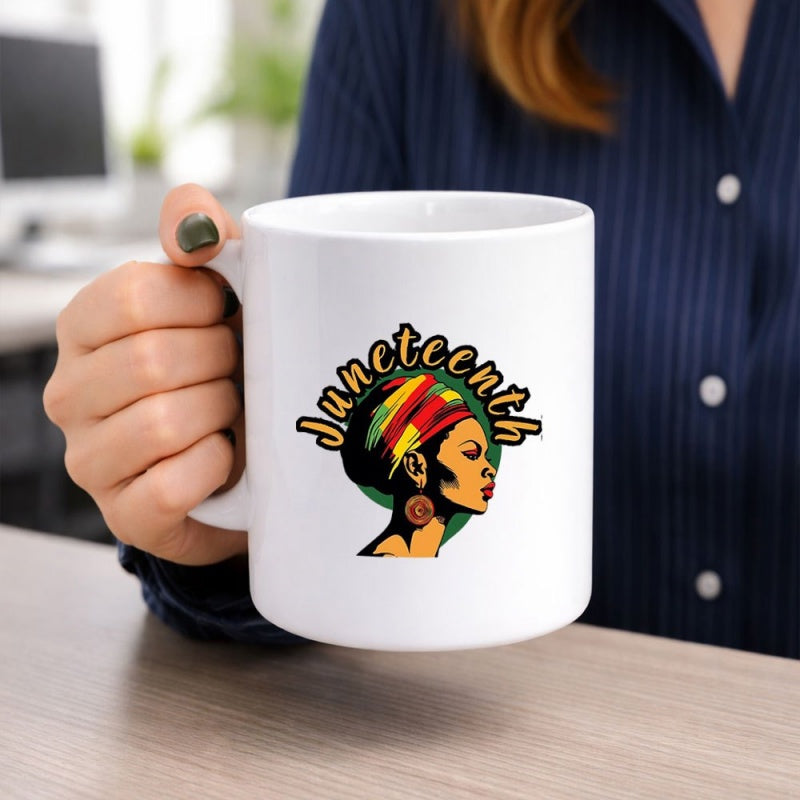Tailorly White Ceramic 11 oz Mug - Juneteenth Proud African Woman Wearing A Vibrant Traditional Colorful Headwrap Portrait