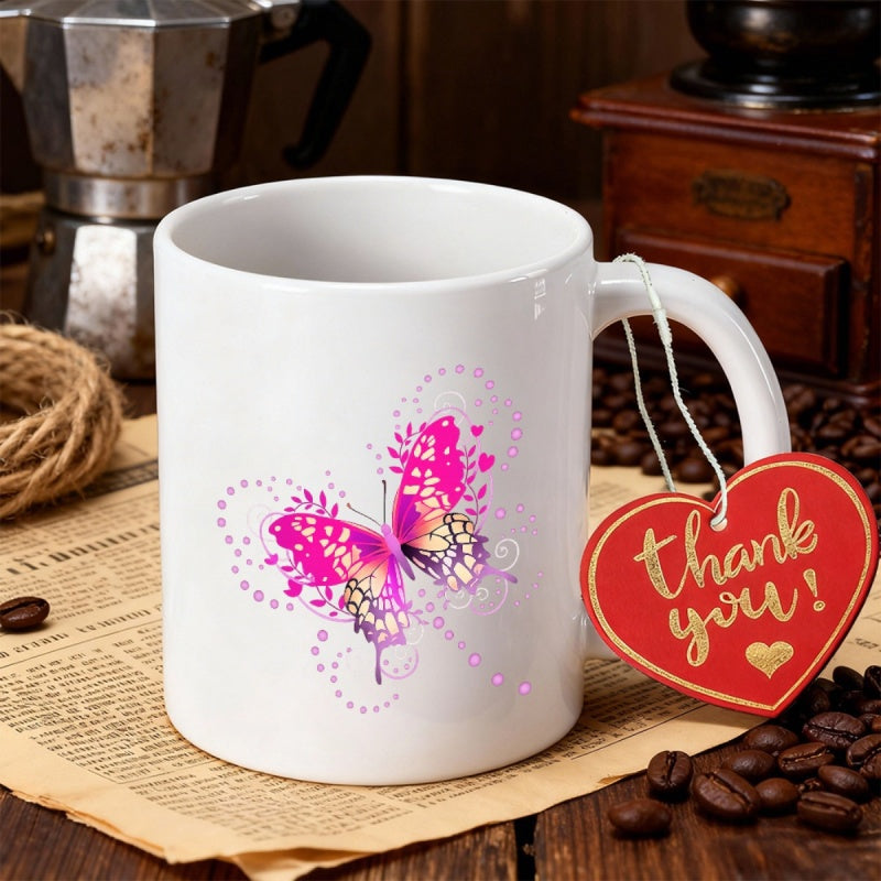 Tailorly White Ceramic 11 oz Mug - Thank You Vibrant Pink Wings With Decorative Swirls And Delicate Floral Patterns Butterfly