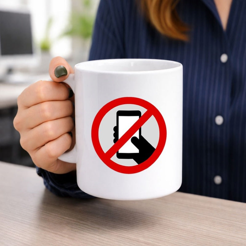 Tailorly White Ceramic 11 oz Mug - Prohibition Red Circle Crossing Out A Hand Holding Smartphone Sign
