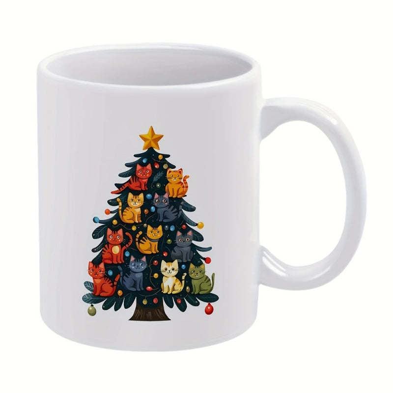 Tailorly White Ceramic 11 oz Mug - Vibrant Cartoon Kittens Resting Among Evergreen Branches With Golden Star Christmas Tree
