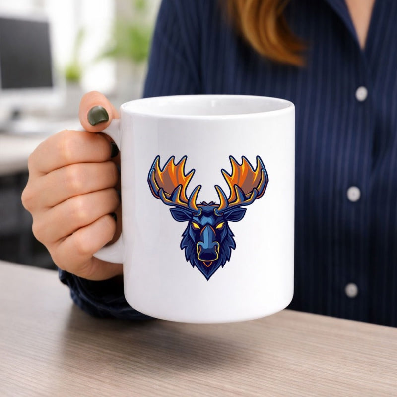 Tailorly White Ceramic 11 oz Mug - Stylized Blue Animal Head With Bright Orange Antlers On White Ceramic Moose