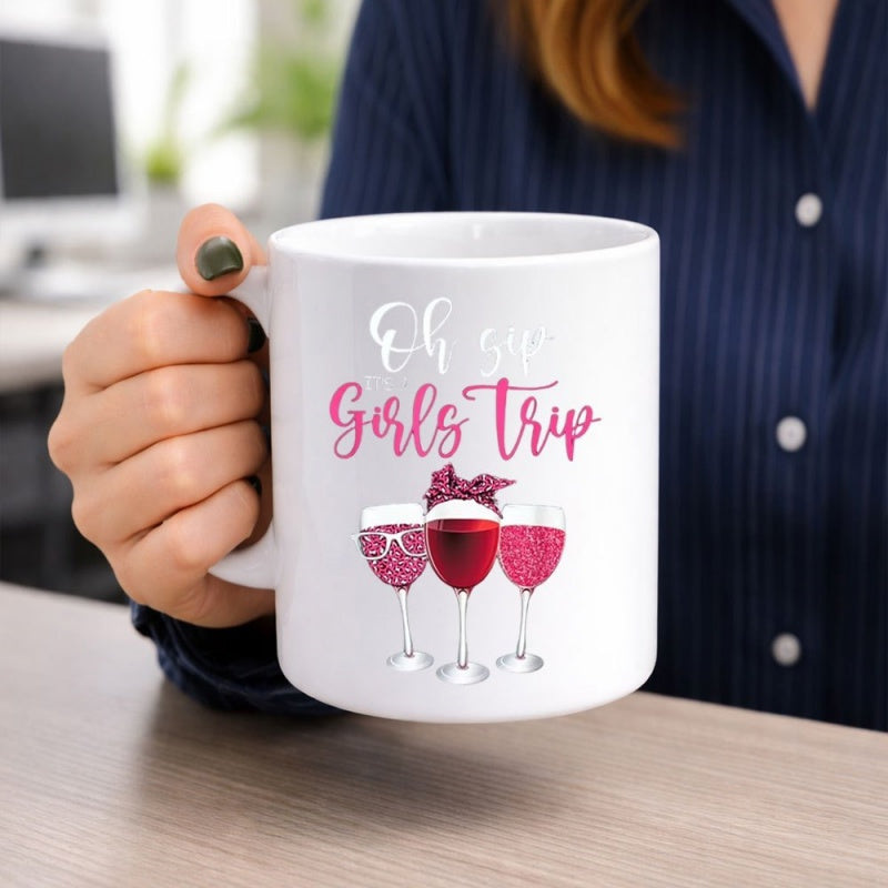 Tailorly White Ceramic 11 oz Mug - Oh Ship Girls Trip Three Elegant Wine Glasses Filled With Pink Drinks And Festive Accessories Mug