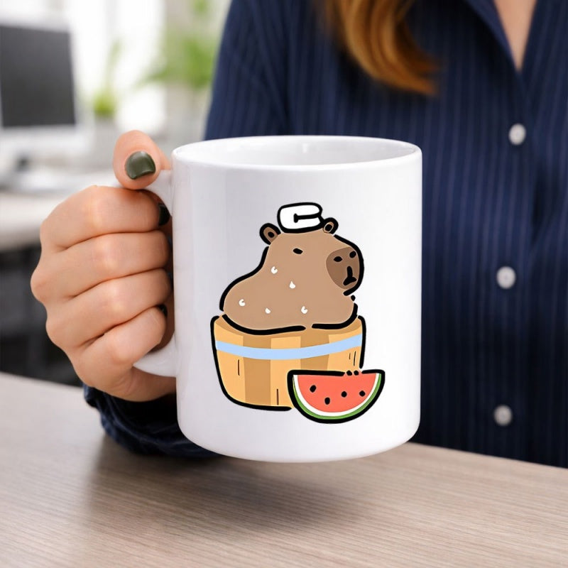 Tailorly White Ceramic 11 oz Mug - Adorable Cartoon Capybara Relaxing In A Wooden Tub Beside A Juicy Watermelon Capybara
