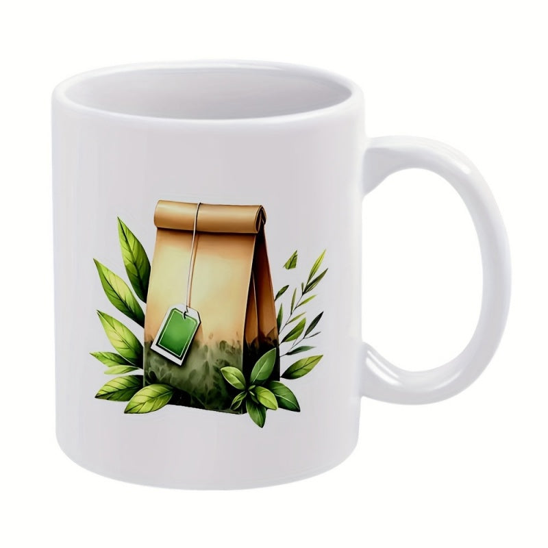 Tailorly White Ceramic 11 oz Mug - Vibrant Green Organic Leaves Surrounding A Classic Brown Paper Infuser Teabag
