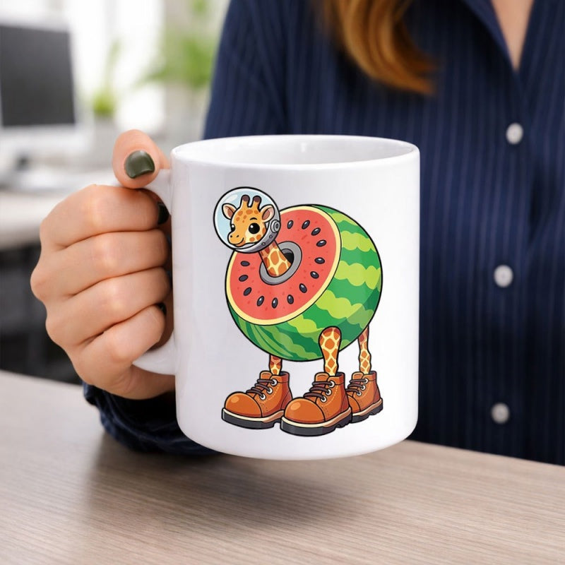Tailorly White Ceramic 11 oz Mug - Whimsical Astronaut Helmet On Sliced Watermelon Wearing Brown Boots With Long Legs Giraffe