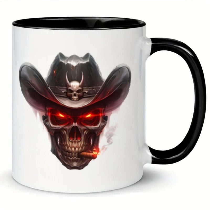 Tailorly Black Accent 11 oz Mug - skull and cowboy with a cigar