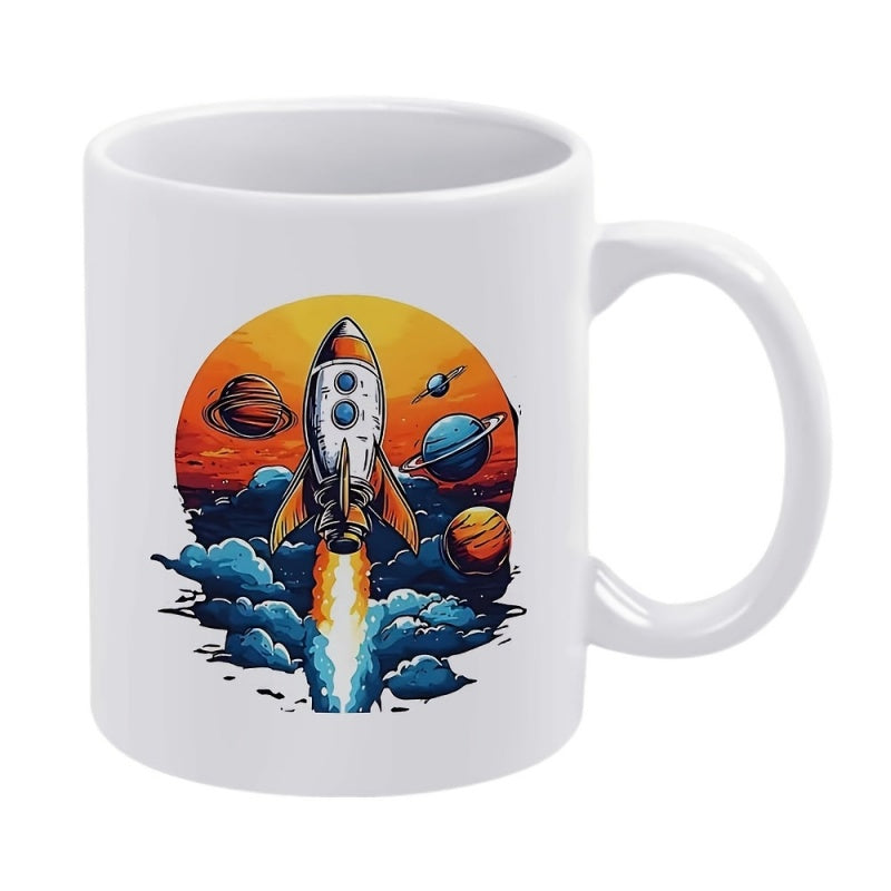 Tailorly White Ceramic 11 oz Mug - Vibrant Space Scene With A Rocket Launching Among Colorful Planets Rocket