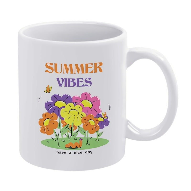 Tailorly White Ceramic 11 oz Mug - Summer Vibes Have A Nice Day Vibrant Retro Flowers Blooming On Green Grass With A Cute Caterpillar Flower