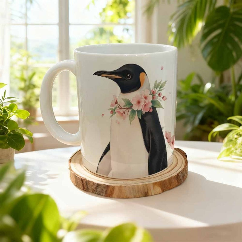 Tailorly White Ceramic 11 oz Mug - Elegant Emperor Wearing A Delicate Pink Floral Wreath Around Neck Penguin