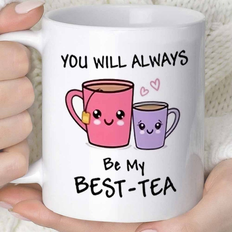 Tailorly White Ceramic 11 oz Mug - You Will Always Be My Best Tea Two Smiling Cartoon Character Cups Featuring Pink Hearts Mug