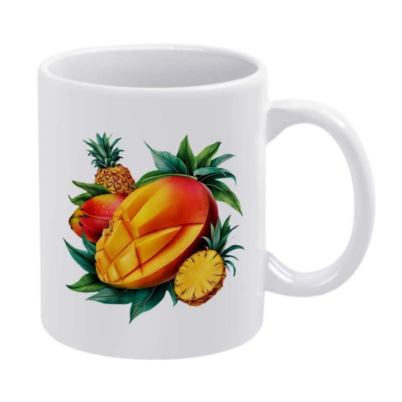 Tailorly White Ceramic 11 oz Mug - Tropical Sliced Fruit With Fresh Whole Pineapple And Vibrant Green Leaves Mango