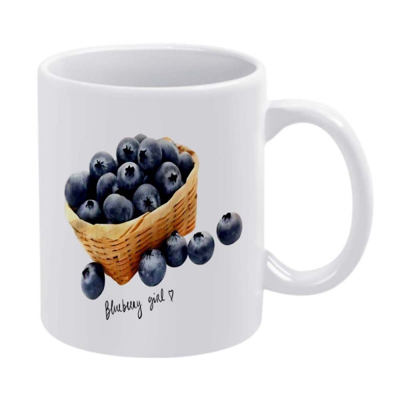 Tailorly White Ceramic 11 oz Mug - Blueberry Girl Fresh Harvested Blueberries Resting Inside A Small Rustic Woven Basket Blueberry