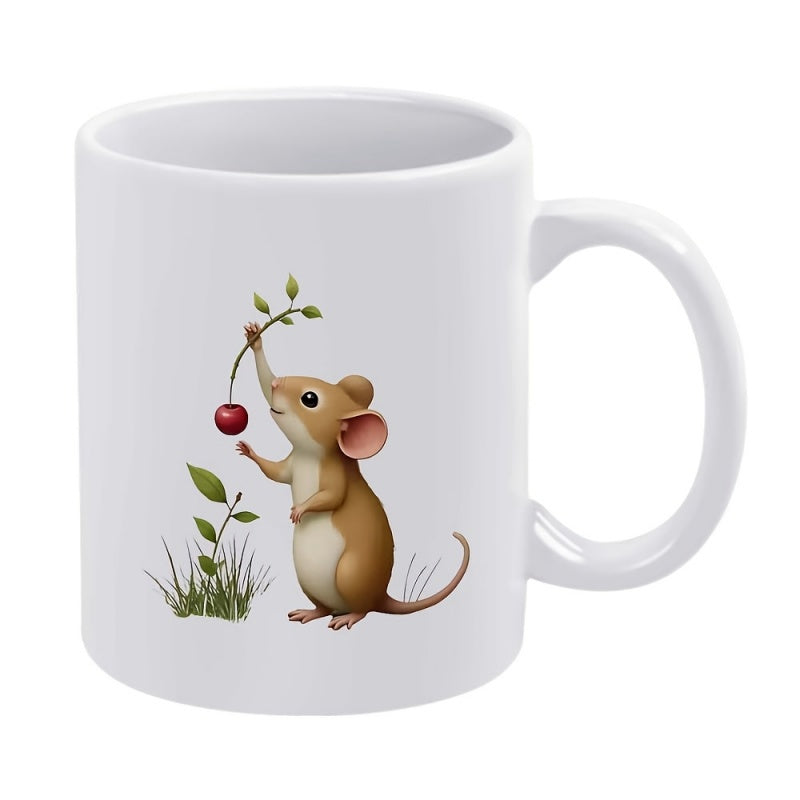 Tailorly White Ceramic 11 oz Mug - Adorable Little Brown Character Reaching For A Red Cherry Near Green Grass Mouse