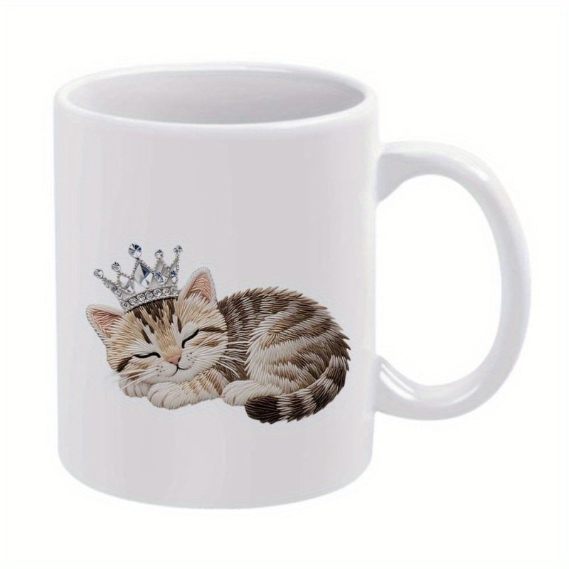 Tailorly White Ceramic 11 oz Mug - Adorable Sleeping Brown Tabby Kitten Wearing A Delicate Silver Royal Cat