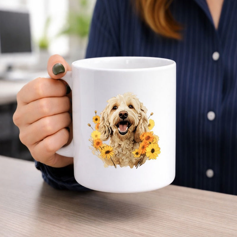 Tailorly White Ceramic 11 oz Mug - Happy Fluffy Goldendoodle Surrounded By Bright Yellow Blooming Sunflower Petals Dog