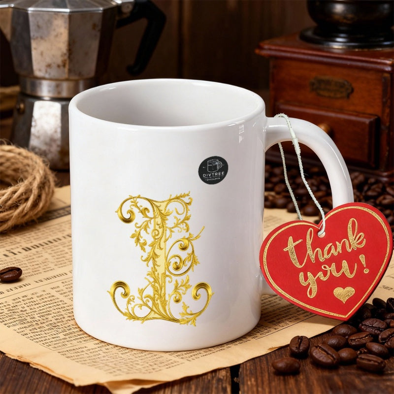 Tailorly White Ceramic 11 oz Mug - Thank You L Ornate Golden Baroque Style Character With Filigree Elements Letter