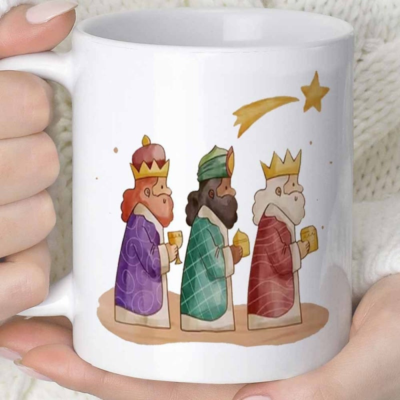 Tailorly White Ceramic 11 oz Mug - Three Wise Men Bearing Gifts Under A Shining Golden Star Magi