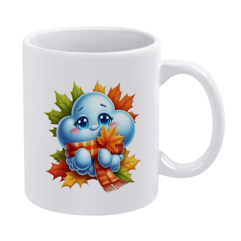 Tailorly White Ceramic 11 oz Mug - Adorable Soft Blue Character Wearing Plaid Scarf Among Vibrant Autumn Maple Leaves Cloud
