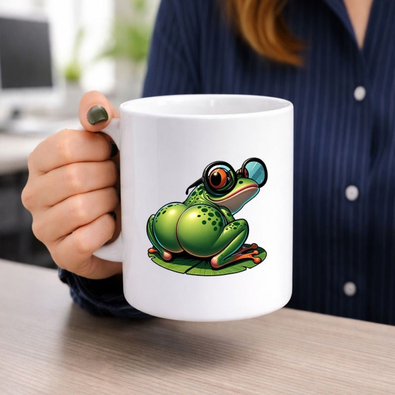 Tailorly White Ceramic 11 oz Mug - Funny Cartoon Green Frog Wearing Black Sunglasses Sitting On Leaf Frog