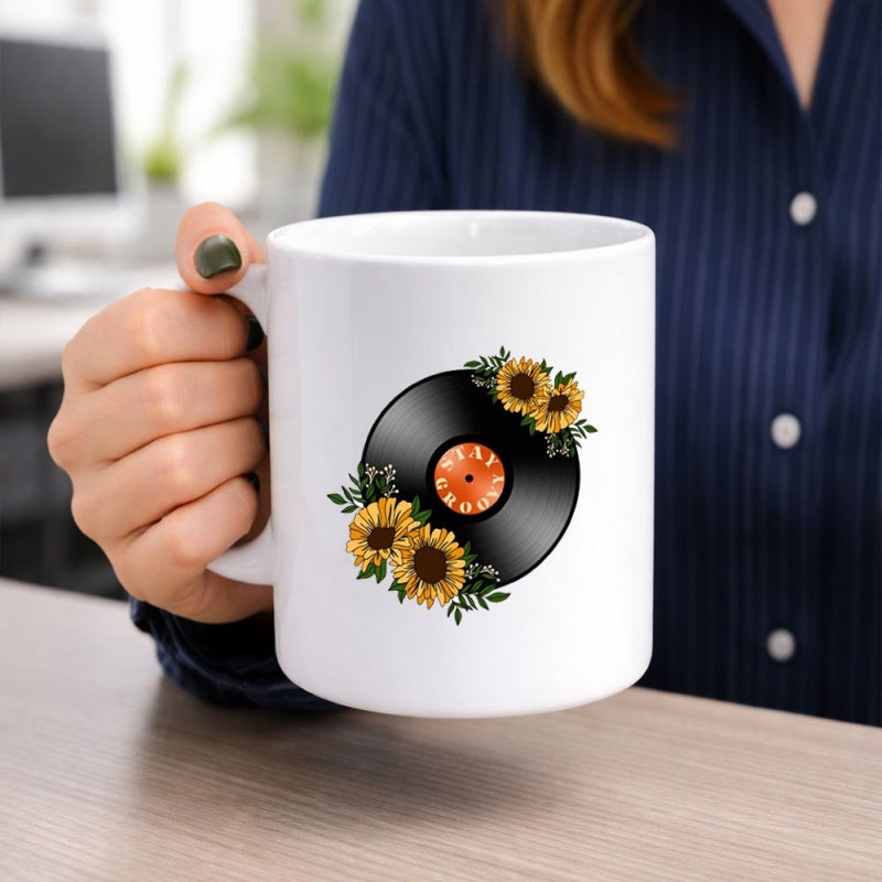 Tailorly White Ceramic 11 oz Mug - Classic Retro Black Vinyl Disc Surrounded By Blooming Yellow Sunflowers Record