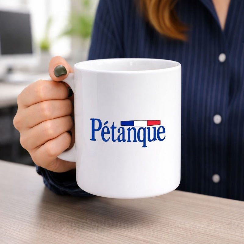 Tailorly White Ceramic 11 oz Mug - Petanque Minimalist Blue Text With French Tricolor Flag Stripe Accents Mug