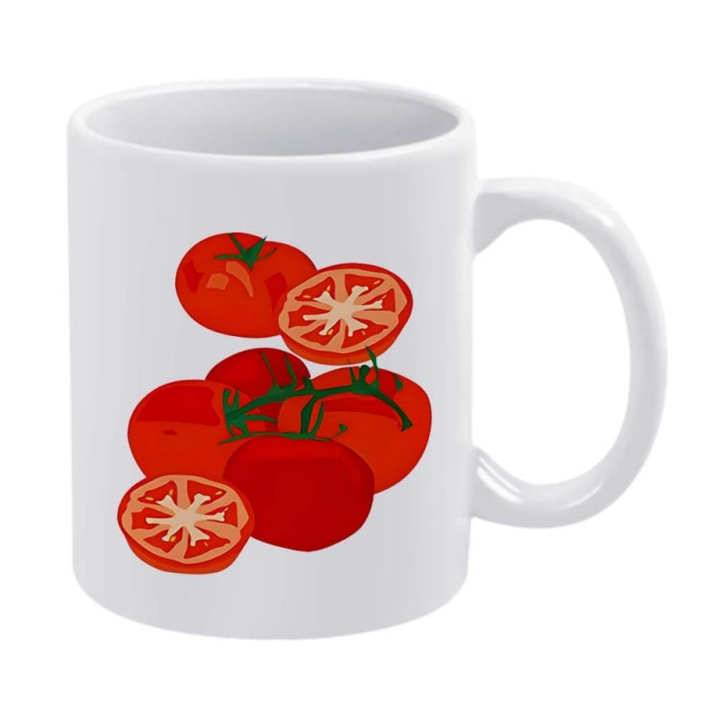 Tailorly White Ceramic 11 oz Mug - Vibrant Red Garden Fresh Sliced And Whole Vegetables On Vine Tomato