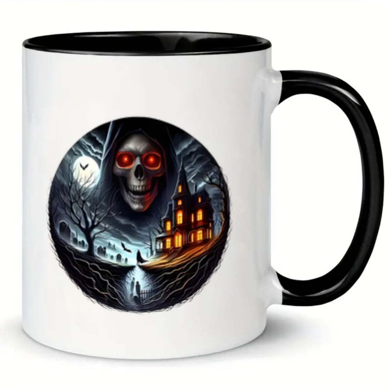 Tailorly Black Accent 11 oz Mug - gothic victorian vampire castle with bats and vampire