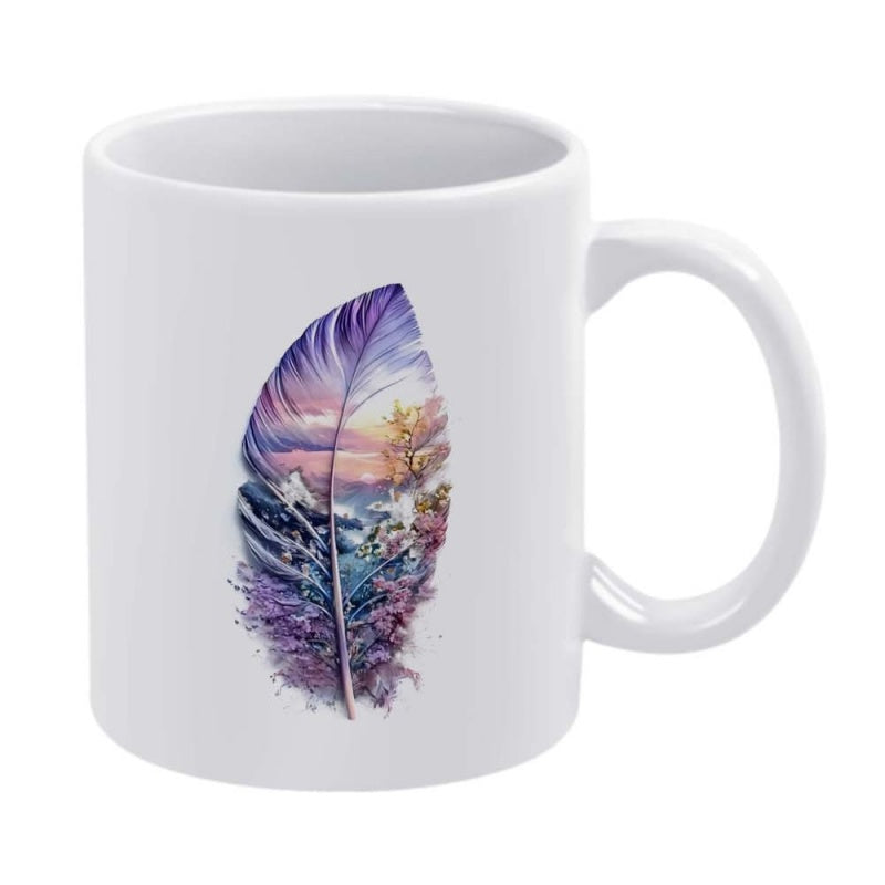 Tailorly White Ceramic 11 oz Mug - Intricate Watercolor Landscape Scenes Captured Within A Delicate Floating Purple Ethereal Feather