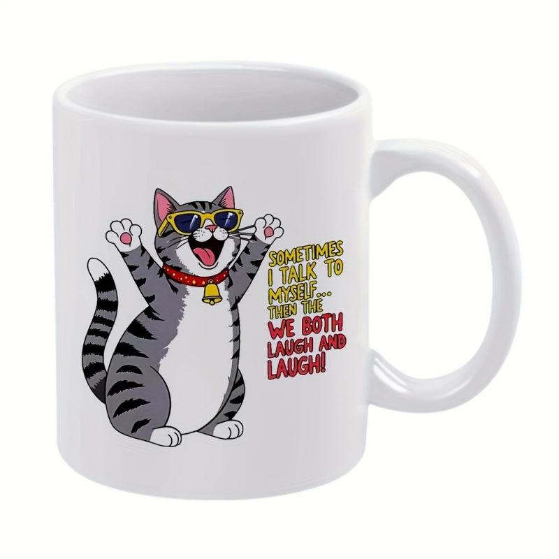 Tailorly White Ceramic 11 oz Mug - Sometimes I Talk To Myself Then We Both Laugh And Laugh Happy Cartoon Gray Cat Wearing Sunglasses And Bell Cat