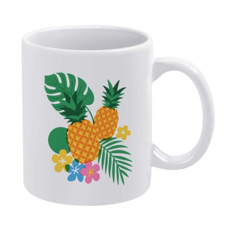Tailorly White Ceramic 11 oz Mug - Vibrant Tropical Composition With Colorful Blooming Flowers And Exotic Green Palm Leaves Pineapple