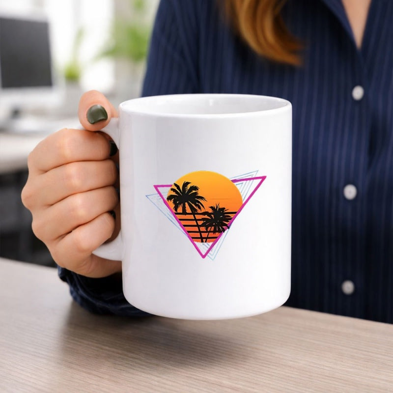 Tailorly White Ceramic 11 oz Mug - Vibrant Retro Synthwave Sun With Tropical Silhouettes And Geometric Triangle Palm Trees
