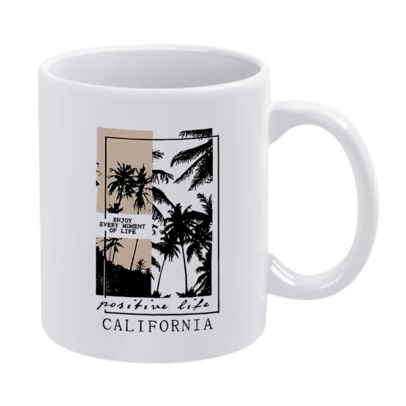 Tailorly White Ceramic 11 oz Mug - Enjoy Every Moment Of Life Positive Life California Tropical Silhouettes Within Modern Geometric Frames And Minimalist Script