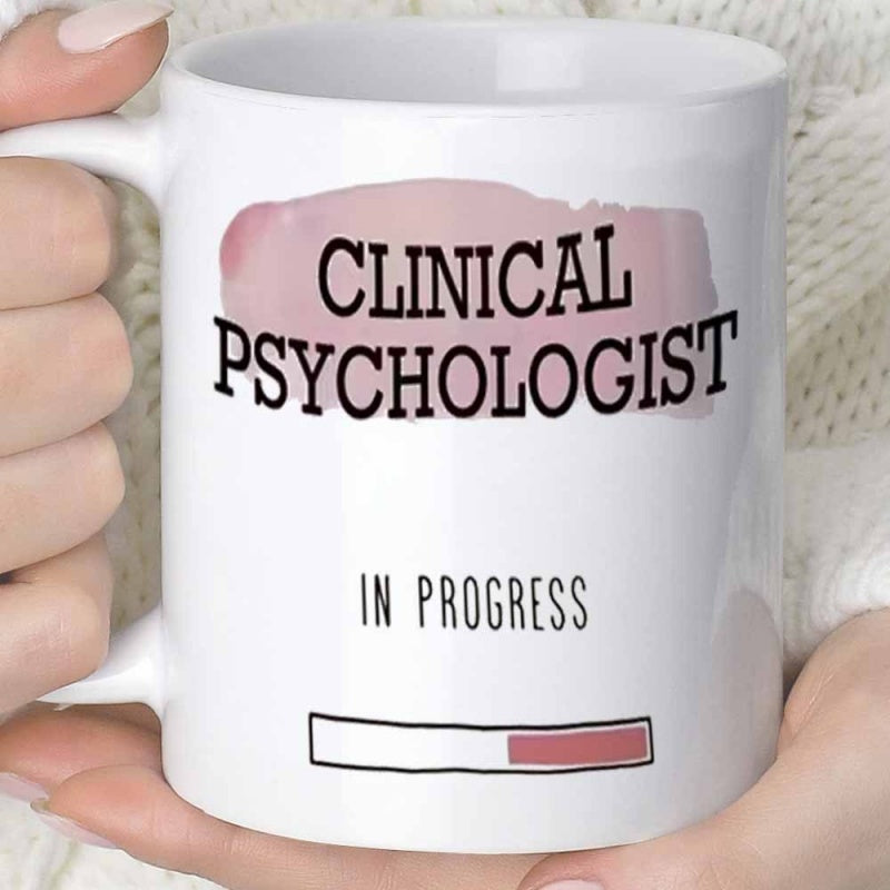 Tailorly White Ceramic 11 oz Mug - Clinical Psychologist In Progress Soft Pink Watercolor Smudge Above A Minimalistic Status Bar Graphic