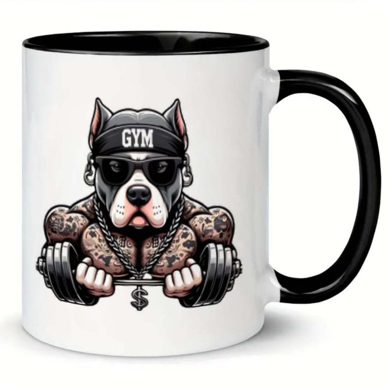 Tailorly Black Accent 11 oz Mug - muscular dog with dumbbells