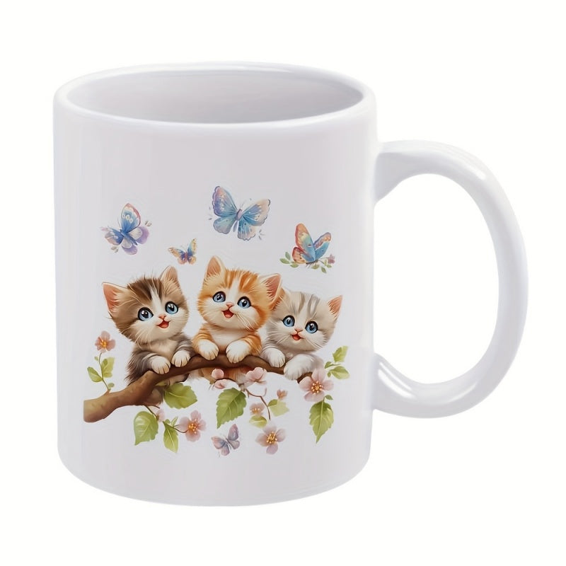 Tailorly White Ceramic 11 oz Mug - Adorable Fluffy Kittens Resting On Flower Branch With Colorful Flying Butterflies Kittens