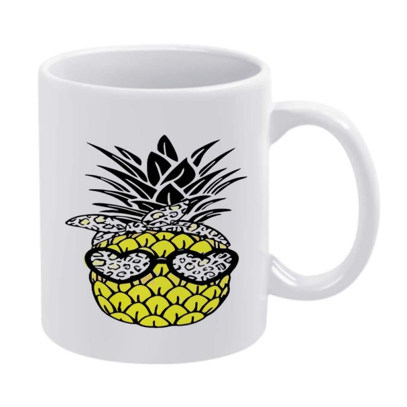 Tailorly White Ceramic 11 oz Mug - Stylized Yellow Tropical Fruit Wearing Heart Sunglasses And Leopard Print Bandana Pineapple