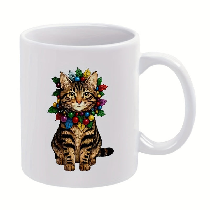 Tailorly White Ceramic 11 oz Mug - Adorable Sitting Brown Tabby Wearing Festive Colorful Autumn Berry Wreath Cat